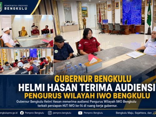 Gubernur Bengkulu Helmi Hasan menerima audiensi Pengurus Wilayah IWO Bengkulu terkait persiapan HUT IWO ke-14 di ruang kerja gubernur.
